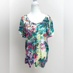 Soft Surroundings Top Floral Short Sleeve Colorful Spring Pleated Women Sz M